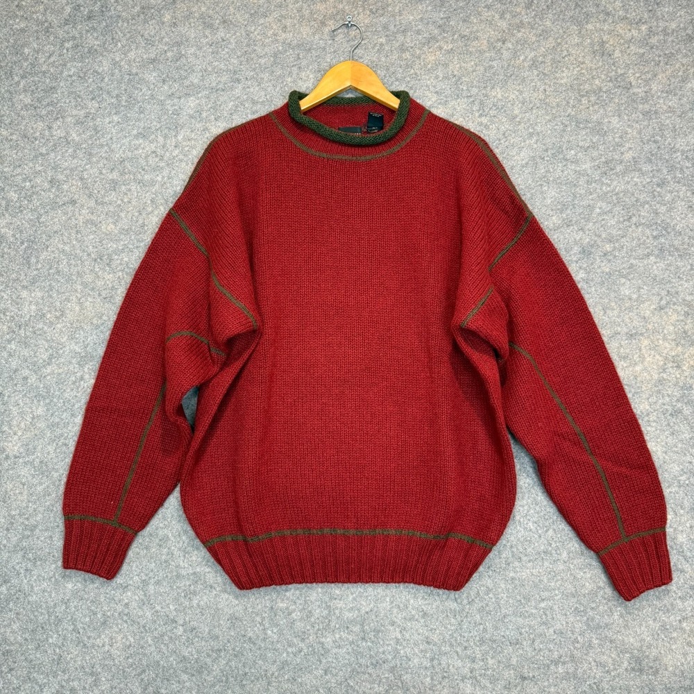 Vintage Structure 100% Wool Sweater Mens Large Roll Neck Red Green Fisherman 90s